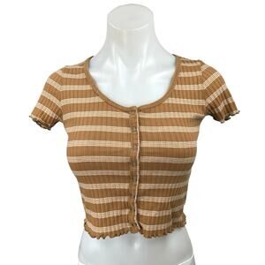 American Eagle Brown White Striped Rib Knit Short Sleeve Button Crop Top Size XS